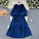 Fongt Retro Niche Print Dress Woman 2025 Autumn Strap To The Waist Round Lantern Sleeves Thin Dress