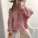 Fongt Autumn Winter New Round Collar Long Sleeve Top Pink Lace Sweater Lazy Wind Women's Cardigan