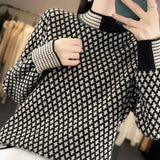 Winter Vintage Knitted Jumpers Casual Half High Collar Spliced Female Clothing Long Sleeve Fashion Asymmetrical Sweaters-Outfit
