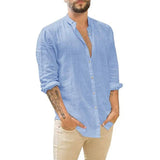 Fongt Men's New Linen Cardigan Pure Color Casual Collar Long-Sleeved