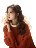 Fongt Year's Popular Beautiful Orange Round-Neck Sweater Women Wear Loose Knitting Tops In Autumn And Winter With A Small Fragrant Wind