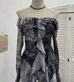 Fongt Shooting Retro Shoulder Tie-Dye Net Horn Long-Sleeved T-Shirt Irregular Lotus Leaf Side Ribbon Y2k Top 8012