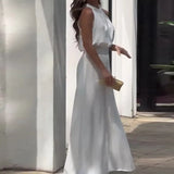 Fongt New Summer 2024 Solid Color Round Collar, Sleeveless Top, High Waist, Wide Leg And Two-Piece Trousers-Outfit