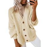 Fongt And Winter New Single-Dbutton V-Neck Sweater Women Loose Lantern Sleeve Jacket