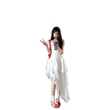 Fongt Korean Holiday Style White Lace Splicing Sling Dress Women's 2025 Summer Irregular Cake