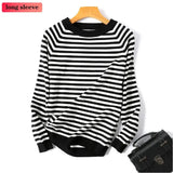 Sleeve Knit Pullover Tops Women Spring Summer Stripe Tshirts Korean White Black Knitwear Jumper Tee New