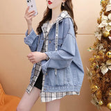 Fongt New Autumn Languiled Hooded Blouse Loose Fake Two Hooded Cowboy Coats Spring And Autumn