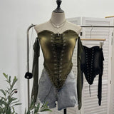 Fongt Sexy Tset Blouse Irregular Cowboy Splicing Mesh Yarn Tie With Short T-Shirt 6105