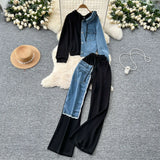 Fongt Kong Flavor Casual Suit Female Fashion Design Stitching Fake Two Hooded Jacket High-Waisted Cowboy Splicing Wide Leg Pants