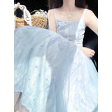 Fongt Vacation Light Blue Mesh Sling Dress Women's New Gentle Wind White Beach Floral Dress