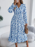 2025 Elegant Broken Flower Cross V Receive Waist Lotus Leaf Side Dress Women's