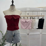 Fongt Shooting Merard Wind Strapted Bow Splicing Lace Pure Desire Blouse Folding Body Short Blouse 6015