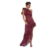 Fongt New Women's Sexy Slanted Shoulder Lotus Side Print Irregular Dress Women