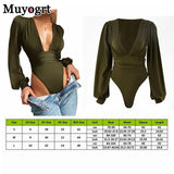 Black Deep V Neck Bodysuit Women Sexy Puff Sleeve Bodycon Jumpsuit Solid Elastic Casual Party Winter Bodysuits Body