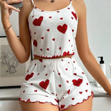 Summer New 2024 Knitted Pit Strip Love Print Design Sweet Sling Shorts Pure Pyjamas