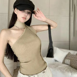 Women's Camisole Korean Version Solid Colour Diagonal Collar Halter Slim Sexy Fashion Knitted Sleeveless Crop Top-Outfit
