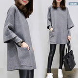 Fongt Autumn / Winter New Plus Size Women's Fat MM Loose Splicing Long Sleeve Coat Long Solid Color Top Round Collar