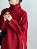 Zipper Grey Turtlenecks Loose Fit Casual Long Thickening Winter Sweater Woman Fashion Oversize Retro White Pullover