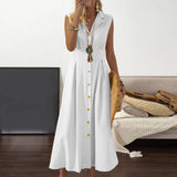New Long Cotton Linen Buttons Downs Shirt Dress Simple Loose Turn-down Neck Temperament Sleeveless Dress Women Dress-Outfit