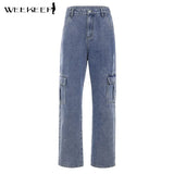 Pockets Patchwork High Waist Jeans Women Streetwear Straight Jean Femme Blue 100% Cotton Cargo
