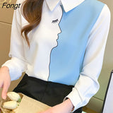 Han Queen Women Autumn Vintage Stitching Print Blouses Korean Elegant Office Shirt Long Sleeve Shirt Ladies Chiffon Blouse