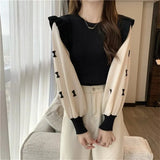 Women's O Neck Lantern Sleeve Spliced Sweater Korean Sweet Casual Knit Tops Bow Printed Pullover Soft Slim Knitwear