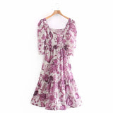 Flower Printing Three Quarter Sleeve Dress Casual Female Square Collar Loose Clothes Lady Vestido