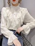 Ruffle Stitching Elegant Lace Blouse Long Sleeve Loose Chiffon Shirts Korean Style Stand Collar Pleated Top Blusas