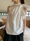 Fongt 2025 New Korean Style Design Three-Dimensional Bow Tie Sleeveless Solid Color Vest Shirt Top