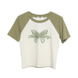 Retro Printed Short-Sleeved T-Shirt Women's Short-Coln High-Waisted Body Shirt