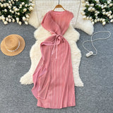 Fongt Folded Dress Design Irregular Lotus Leaves Side To Receive Waist Repair Bright Silk Pressure Folds