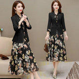 Floral Dress Suits Women Chiffon 2 Piece Sets Korean Unlined Blazer Outfits Tank Print Dresses Tracksuit Boho