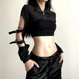 Wind Hollowed-Out Zipper High-Collar Ultra-Short Woven Blouse 2023 Summer New Spicy Girls Casual Blouse-Outfit