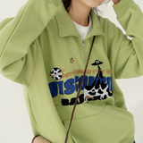 Green Cute Cow Embroidery POLO Shirt Sweatshirt Half Zipper Loose Casual Students Girls Pullover Kawaii Clothes