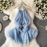 Fongt And Summer 2025 New Products Hanging Neck Bare Back Texture Crippling Poneng Dress To Close The Waist Tie Sweet Holiday Wind