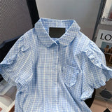 Sweet Blue Plaid Shirts Women Summer Vintage Puff Sleeve Ruffles Blouses Y2k Grunge Single Breasted Blusas Mujer-Outfit