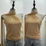 Fongt Shooting Mesh Ribbon Hanging Neck Folded Sleeveless Top Babes Two-Wearing Design Wrapping Bras 1125