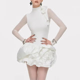 Fongt Summer New Dress Femininity Elegant Fashion Round-Neck Long-Sleeved Mesh Three-Dimensional Flower High-Waisted