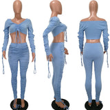 Up Drawstring Two Piece Set Women Off Shoulder Crop Top Ruched Stacked Pants Elegant 2 Piece Set Club Outfits Matching Sets-Outfit