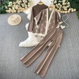 Fongt Ocean Gas Three-Piece Loose Wind Letter Embroidered Cardigan Jacket Bottom High Collar Knitting Tops Broad Legs