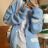 Female Cardigan Cute Print Clouds O Neck Loose Casual Lady Long Sleeve Knitted Cardigan Women Jacket Blue