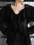 Fongt Early Spring New High-End French Design Wood-Side Chiffon Women Loose V-Neck Solid Color Niche Blouse