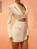 Notched Collar Button Women Dress Blazer Fake Two Piece Blue Long Sleeve Hollow Out Dress Women Slim Office Clothes