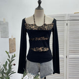 Fongt Shooting With Hanging Neck Leopard Print Splicing Two Long-Sleeved Tops A Short Shoulder Bottom T-Shirt 28787