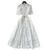 Fongt Summer Women's Dress Small High-End Embroidery Single Buckle Waist Elegant Knee Long Skirt