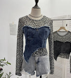 Real Shooting Fashion Leopard Tard Tard Babes Mesh Splicing Denim Irregular Bottom Shirt Short Top