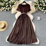 Fongt Summer Senior Round-Neck Short-Sleeved Dress, Tie, Waist Splicing, Elegant Large Hem Length