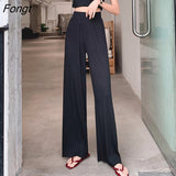 High Waist Pleated Pants Female S-XXL Thin Simple Loose Straight Women Trousers Black Navy Blue Wide Leg Long