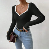 Fongt Women's Fashion Temperament V-Neck Knitting Bottom Slim Slim Solid Color Bhair Top