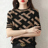 Women's Clothing Vintage Letter Printed Pullovers Fashion Screw Thread Patchwork Summer Commute Casual O-Neck Knitted T-shirt-Outfit